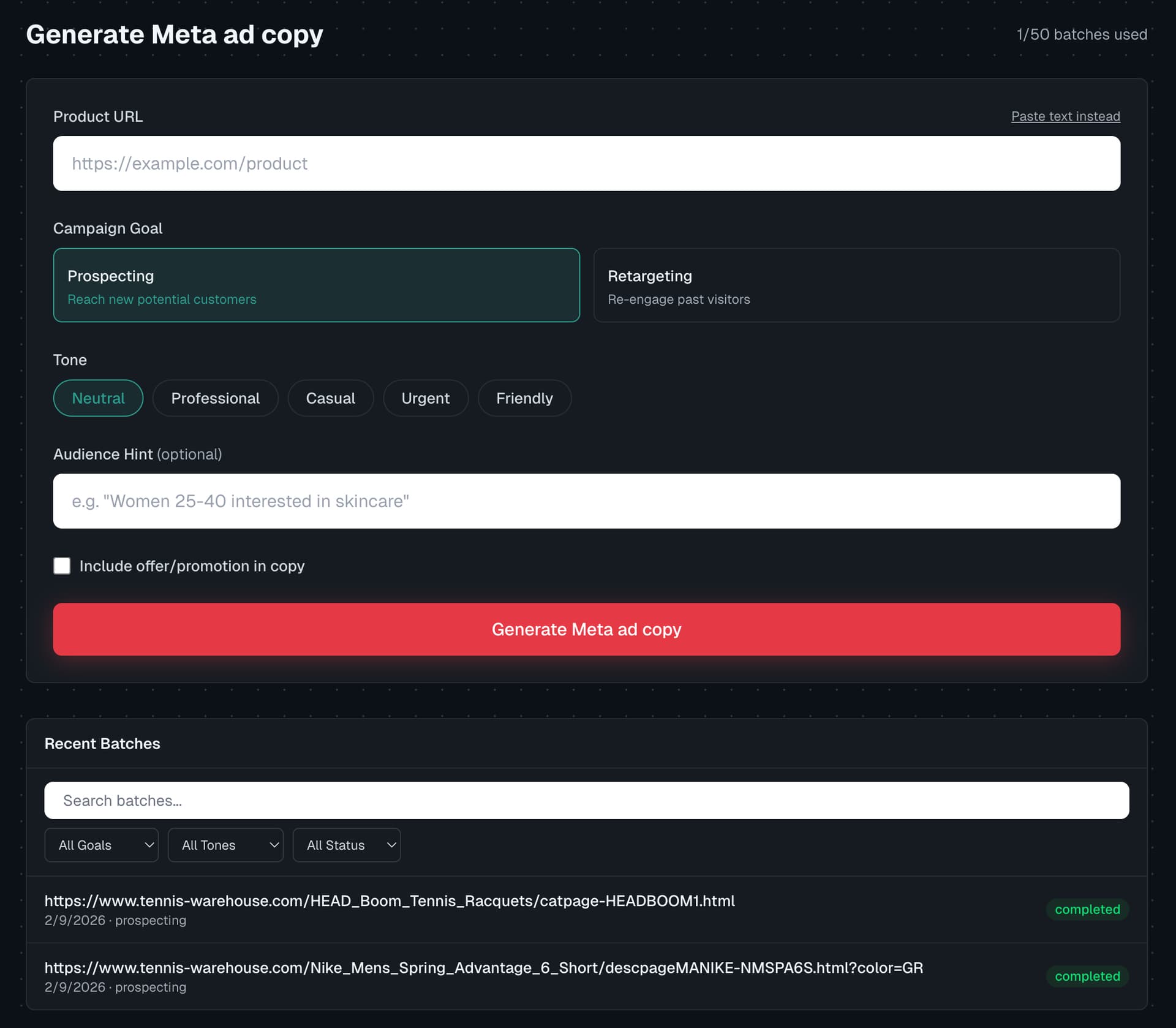 AdCopyStyles dashboard showing ad copy generation interface